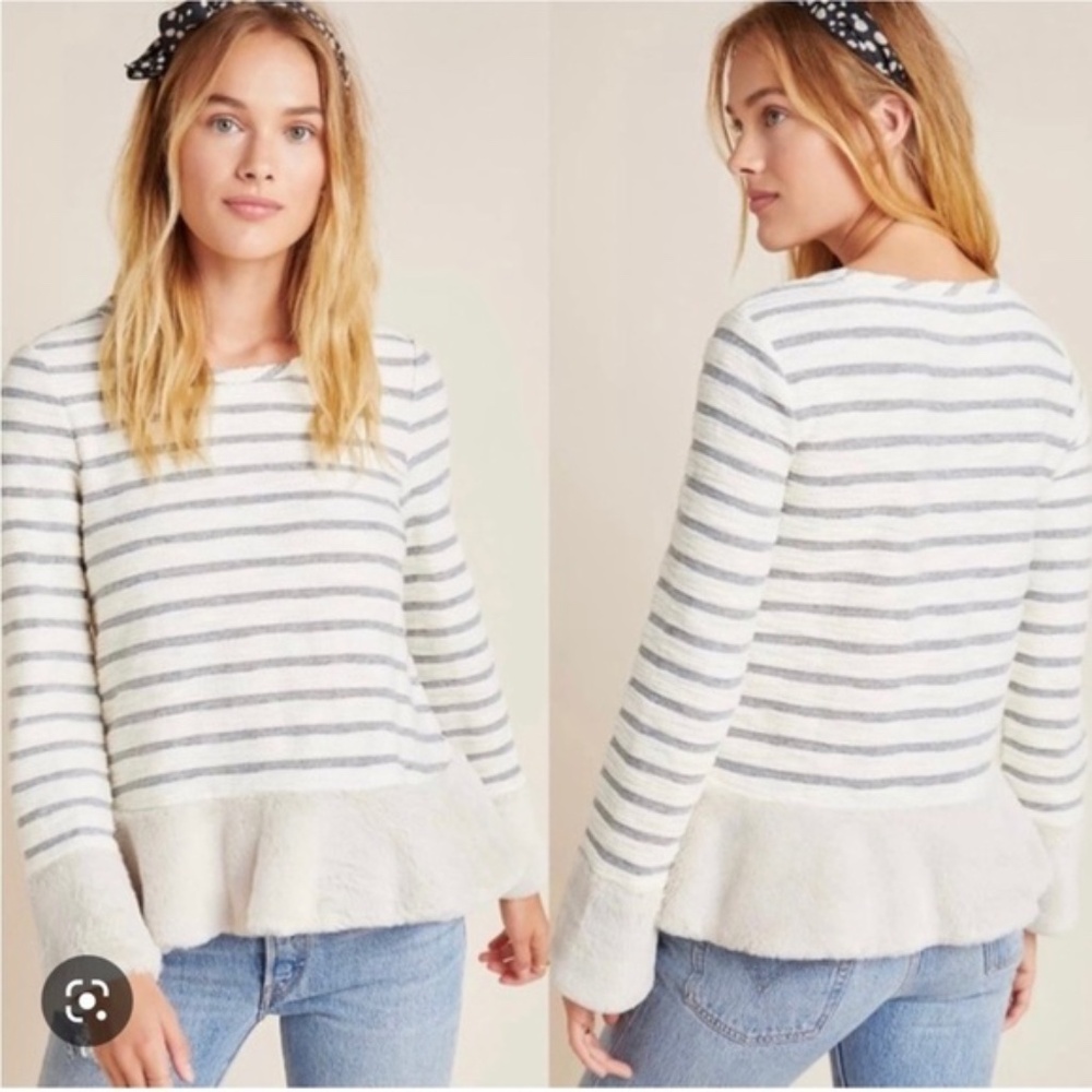 Anthropologie Maeve Astor Faux Fur Trimmed Top